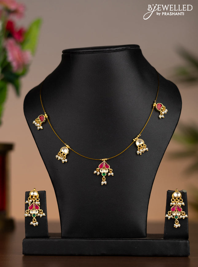 Invisible chain with kemp pachi kundan stones and pearl hangings