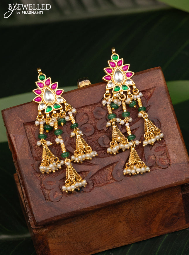Antique earrings with kemp pachi kundan stones and pearl hangings