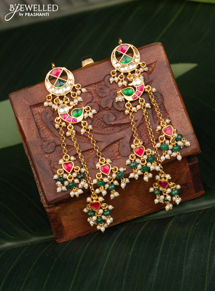 Antique earrings chandbali design with kemp pachi kundan stones and pearl & beads hanging