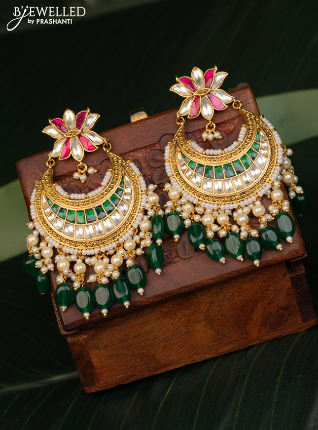 Antique earrings chandbali & lotus design with kemp pachi kundan stones and pearl & green beads hanging
