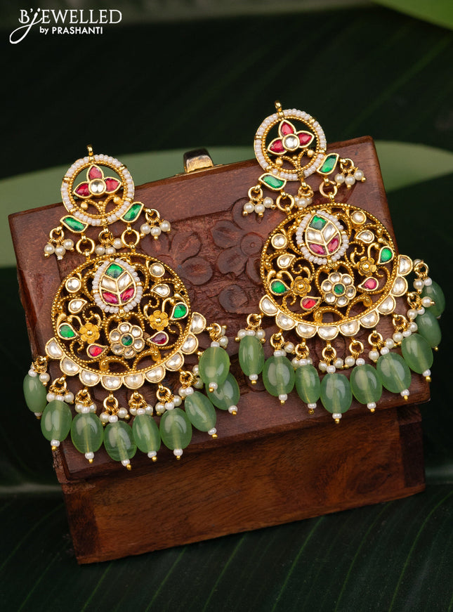 Antique earrings with kemp pachi kundan stones and pearl & green beads hanging