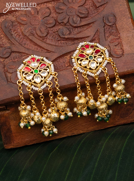 Antique earrings with kemp pachi kundan stones and pearl & green beads hanging