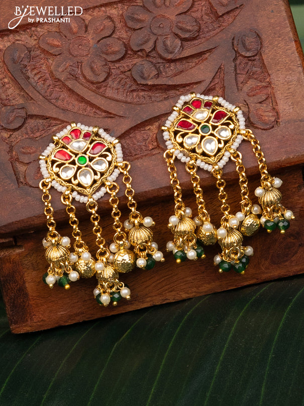 Antique earrings with kemp pachi kundan stones and pearl & green beads hanging