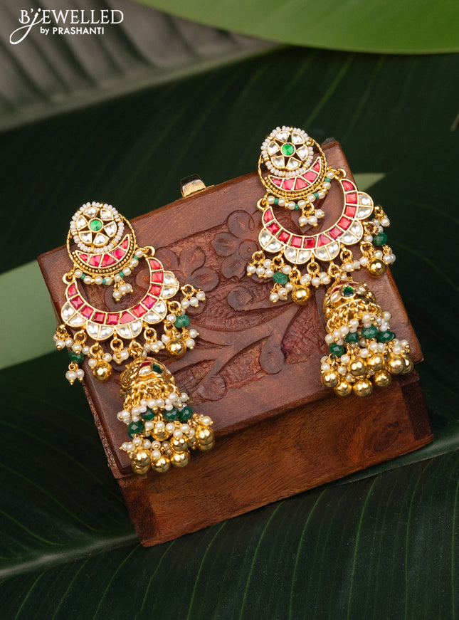 Antique earrings chandbali design with kemp pachi kundan stones and pearl & golden beads hanging