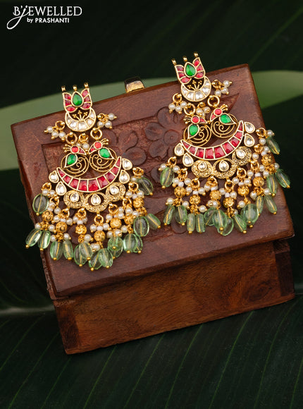 Antique earrings chandbali design with kemp pachi kundan stones and pearl & beads hanging