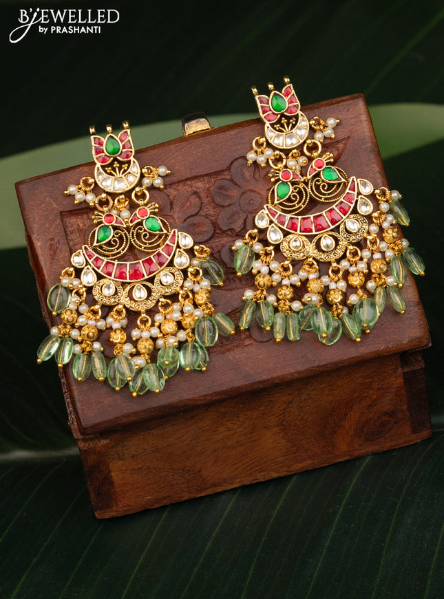 Antique earrings chandbali design with kemp pachi kundan stones and pearl & beads hanging