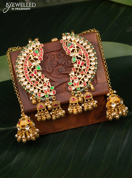 Antique earcuff jhumka with kemp pachi kundan stones and pearl & golden beads hanging