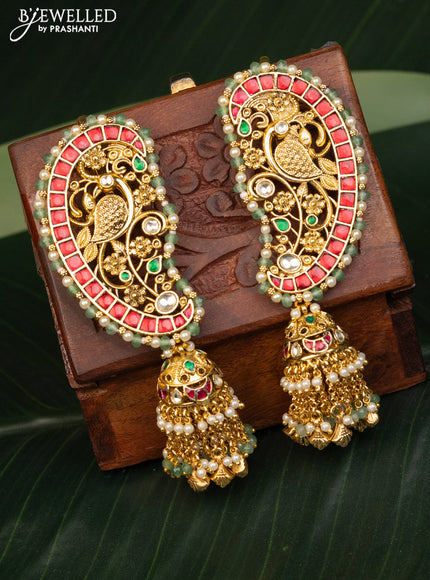 Antique earcuff jhumka with kemp pachi kundan stones and pearl & green beads hanging