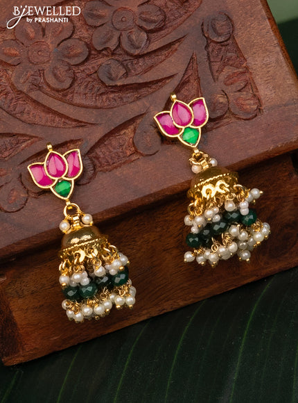 Antique jhumka lotus design with kemp pachi kundan stones and pearl & green beads hanging
