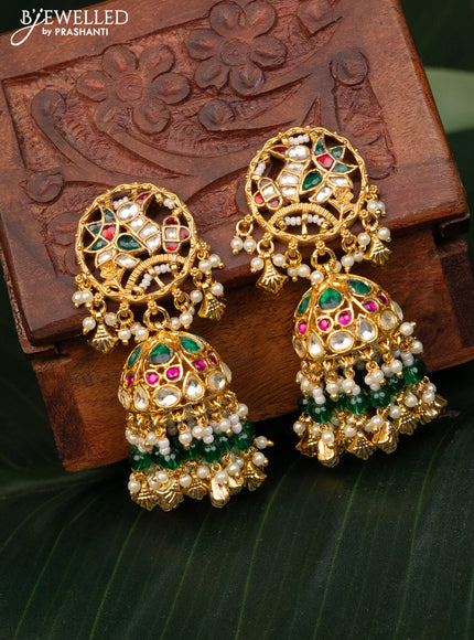 Antique jhumka with kemp pachi kundan stones and pearl & green beads hanging