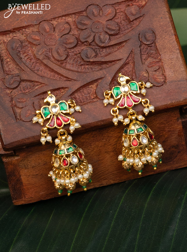 Antique jhumka with kemp pachi kundan stones and pearl & golden beads hanging