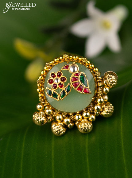 Antique ring parrot & floral design with pachi kundan stones and golden beads hanging