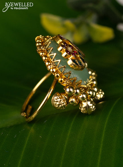 Antique ring parrot & floral design with pachi kundan stones and golden beads hanging