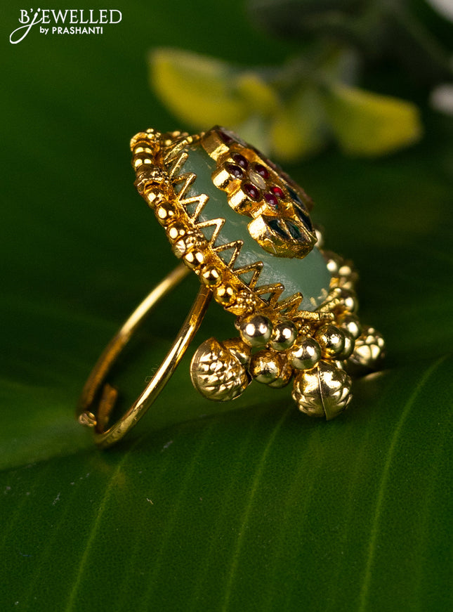 Antique ring parrot & floral design with pachi kundan stones and golden beads hanging