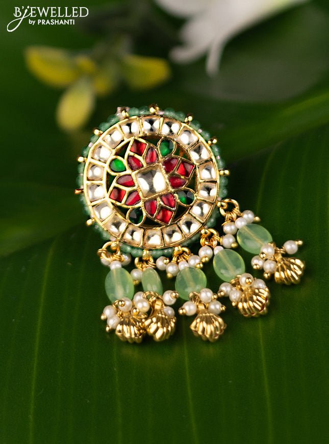 Antique ring with pink pachi kundan stones and beads & pearl hanging