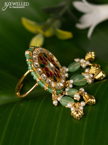 Antique ring with pink pachi kundan stones and beads & pearl hanging