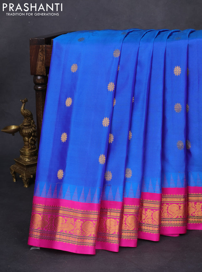 Pure gadwal silk saree blue and pink with zari woven buttas and temple design zari woven border