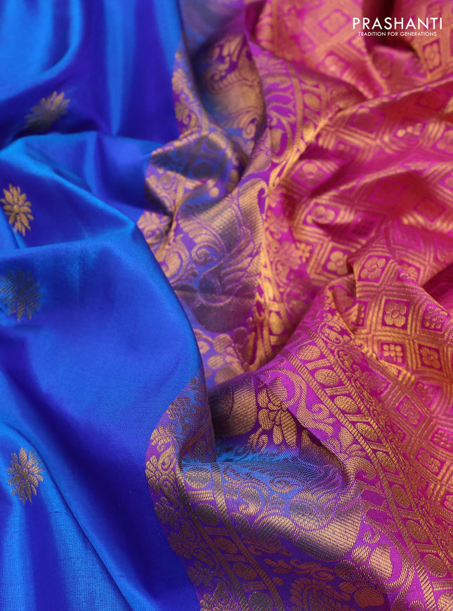 Pure gadwal silk saree blue and pink with zari woven buttas and temple design zari woven border