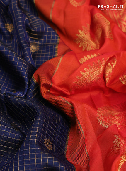 Pure gadwal silk saree navy blue and orange with allover zari checks & buttas and temple design zari woven border