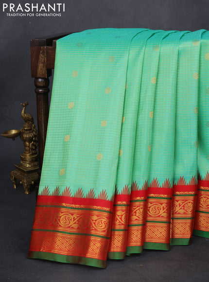Pure gadwal silk saree teal green and red with allover zari checks & buttas and temple design zari woven border