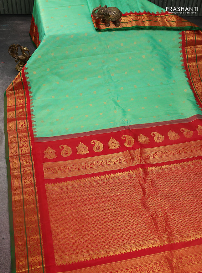 Pure gadwal silk saree teal green and red with allover zari checks & buttas and temple design zari woven border