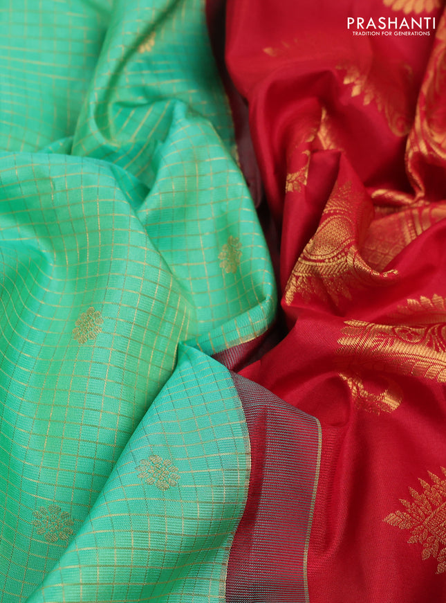 Pure gadwal silk saree teal green and red with allover zari checks & buttas and temple design zari woven border