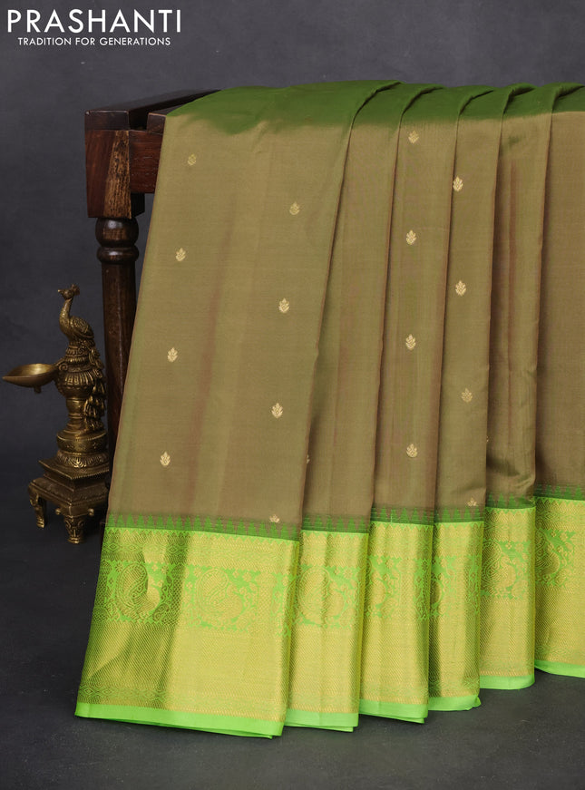 Pure gadwal silk saree dual shade of green and light green with zari woven buttas and temple design zari woven border