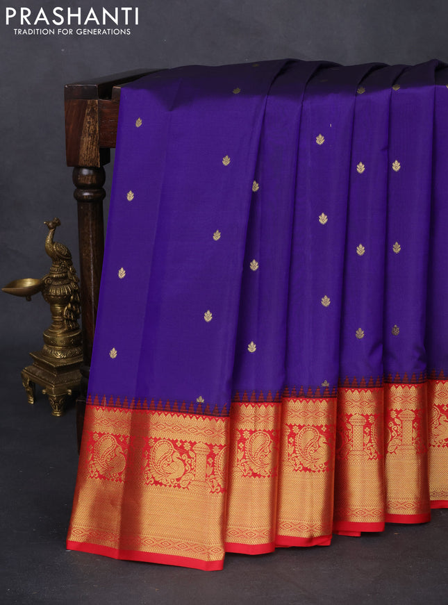 Pure gadwal silk saree blue and red with zari woven buttas and temple design zari woven border