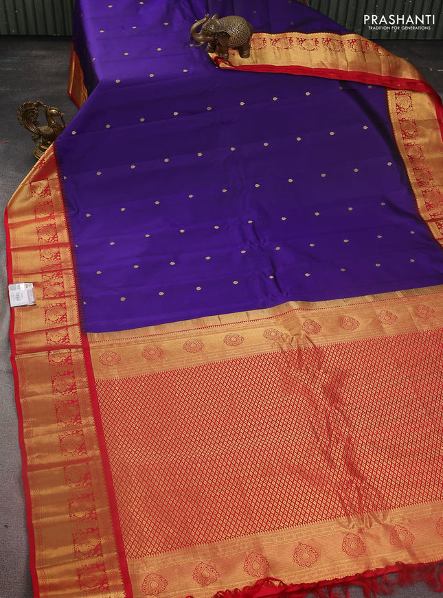 Pure gadwal silk saree blue and red with zari woven buttas and temple design zari woven border
