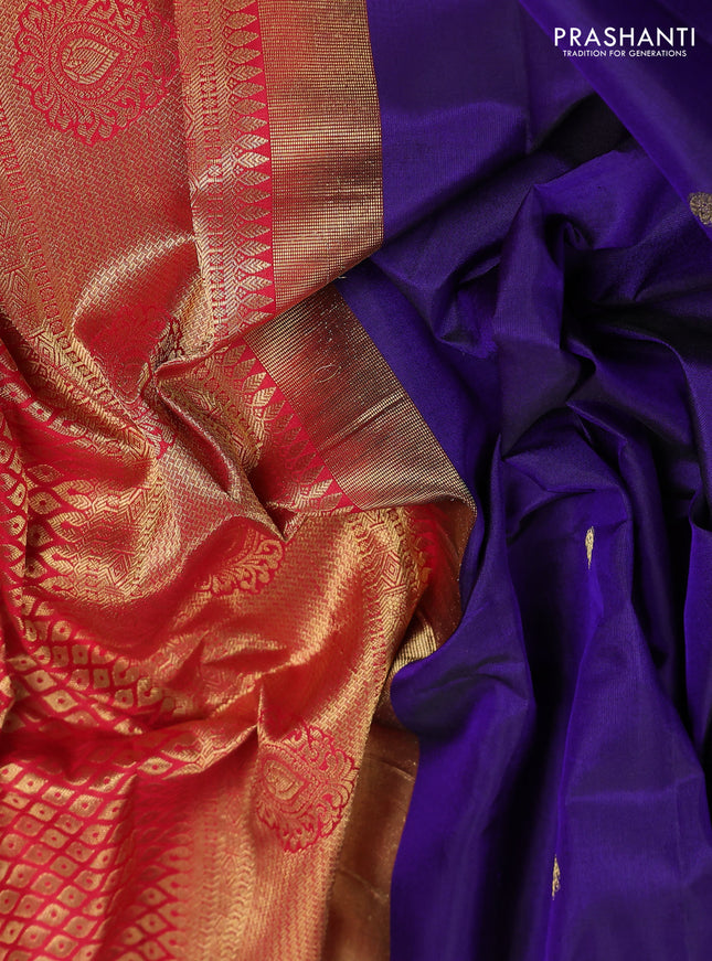 Pure gadwal silk saree blue and red with zari woven buttas and temple design zari woven border