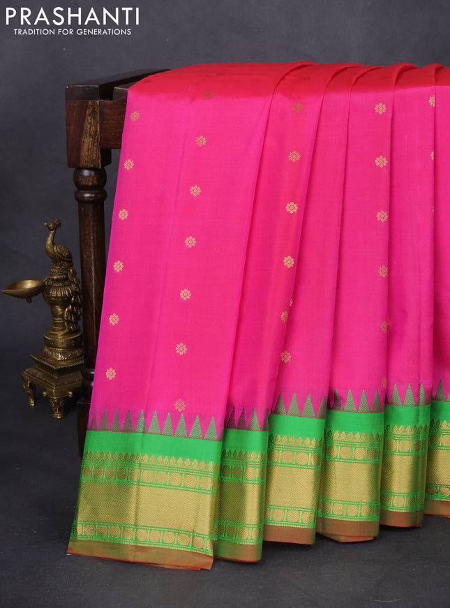 Pure gadwal silk saree pink and green with zari woven buttas and temple design zari woven border
