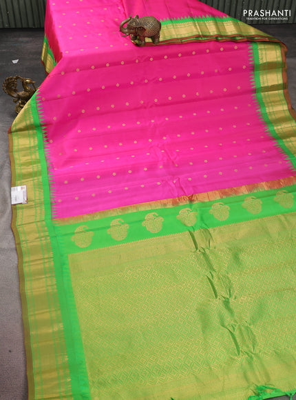 Pure gadwal silk saree pink and green with zari woven buttas and temple design zari woven border