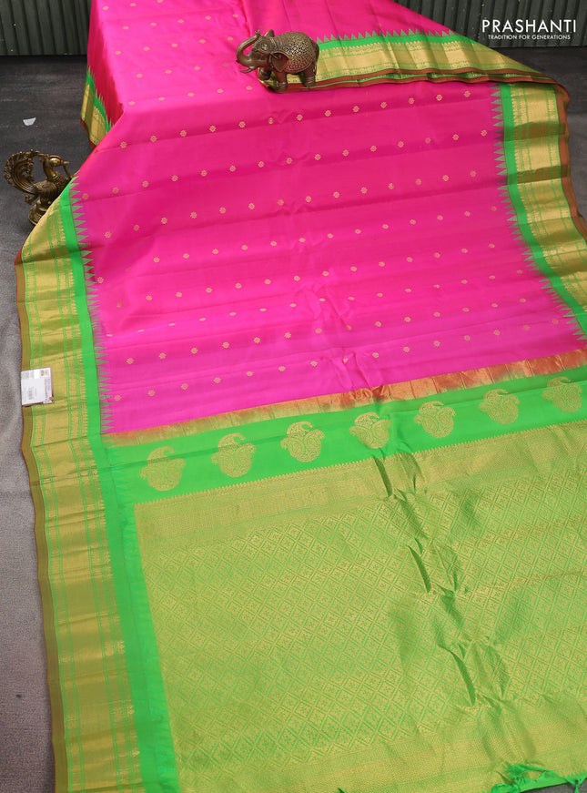 Pure gadwal silk saree pink and green with zari woven buttas and temple design zari woven border