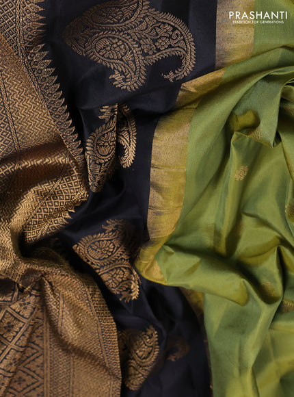Pure gadwal silk saree light green and black with zari woven buttas and temple design zari woven border