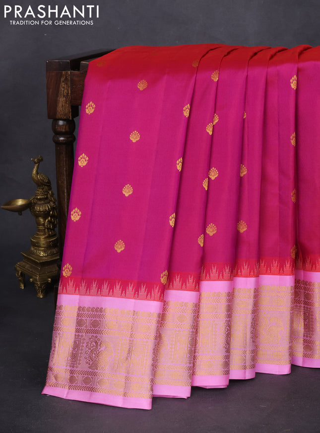 Pure gadwal silk saree dark magenta pink and light pink with zari woven buttas and temple design zari woven border