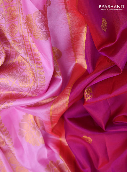 Pure gadwal silk saree dark magenta pink and light pink with zari woven buttas and temple design zari woven border