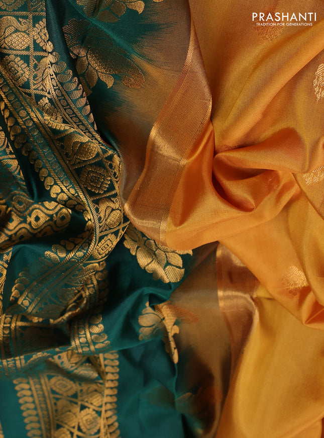 Pure gadwal silk saree mustard yellow and dark green with zari woven buttas and temple design zari woven border