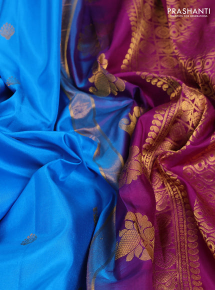Pure gadwal silk saree cs blue and purple with zari woven buttas and temple design zari woven border