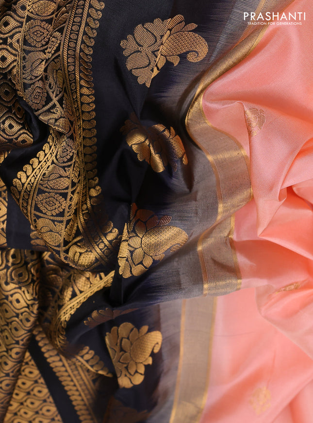 Pure gadwal silk saree peach shade and black with zari woven buttas and temple design zari woven border