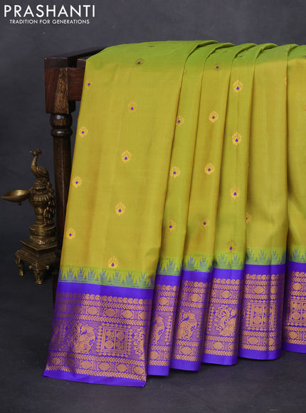 Pure gadwal silk saree light green and blue with zari woven buttas and temple design zari woven border