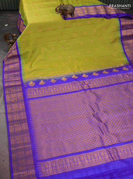 Pure gadwal silk saree light green and blue with zari woven buttas and temple design zari woven border