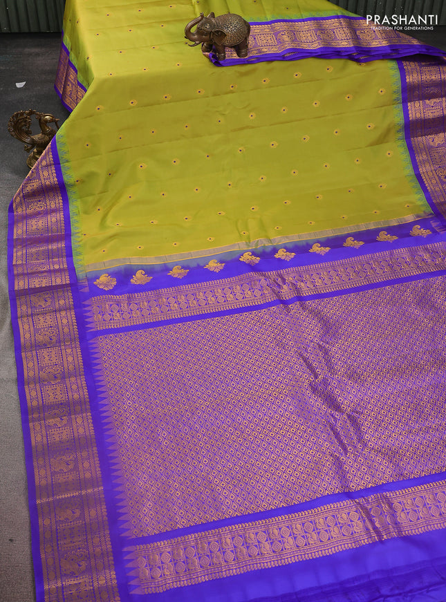 Pure gadwal silk saree light green and blue with zari woven buttas and temple design zari woven border
