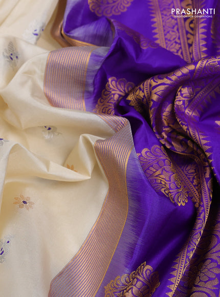 Pure gadwal silk saree cream and blue with silver & gold zari woven buttas and temple design zari woven border