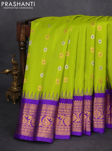 Pure gadwal silk saree lime green and blue with silver & gold zari woven buttas and temple design zari woven border
