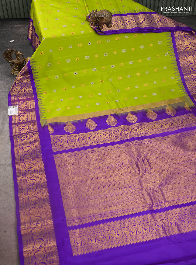 Pure gadwal silk saree lime green and blue with silver & gold zari woven buttas and temple design zari woven border