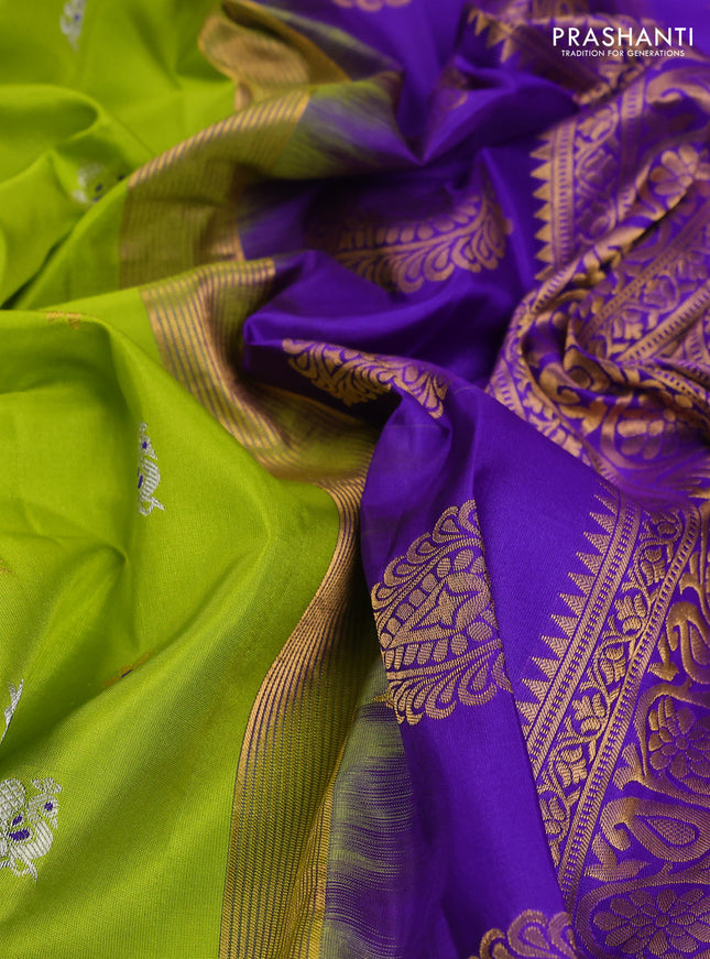 Pure gadwal silk saree lime green and blue with silver & gold zari woven buttas and temple design zari woven border