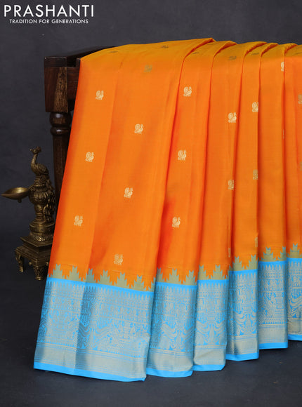 Pure gadwal silk saree mango yellow and light blue with annam zari woven buttas and temple design zari woven border