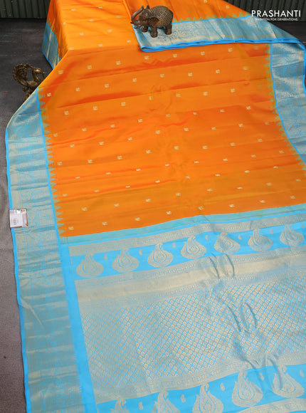 Pure gadwal silk saree mango yellow and light blue with annam zari woven buttas and temple design zari woven border