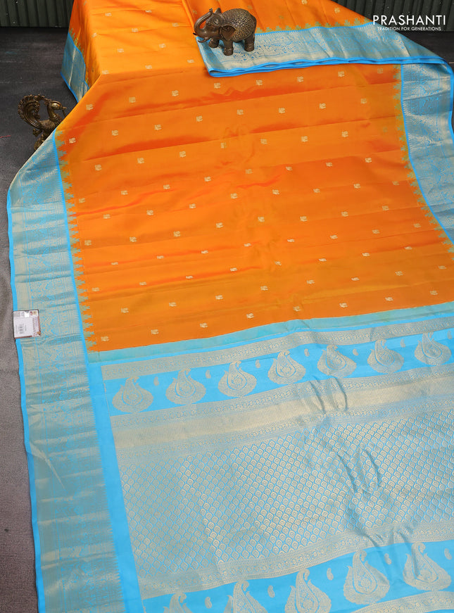 Pure gadwal silk saree mango yellow and light blue with annam zari woven buttas and temple design zari woven border