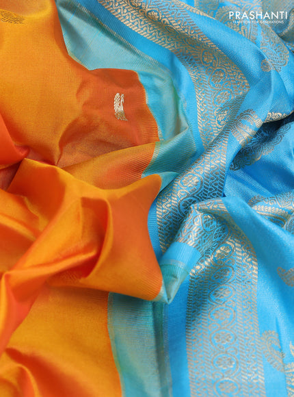 Pure gadwal silk saree mango yellow and light blue with annam zari woven buttas and temple design zari woven border
